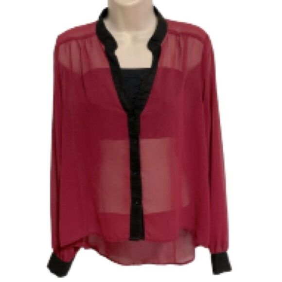 Sheer Button Down High Low Tunic Maroon Black Accent Blouse Womens Large - Picture 1 of 12